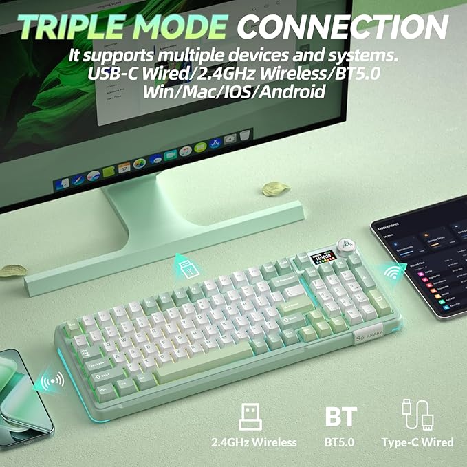 SOLAKAKA A99 Pro Wireless Mechanical Keyboard with BT5.0/2.4GHz/USB-C, LCD Screen & Metal Knob, Gasket-Mounted Gaming Keyboard, Full Hot-Swappable, RGB Creamy Keyboard for Win/Mac