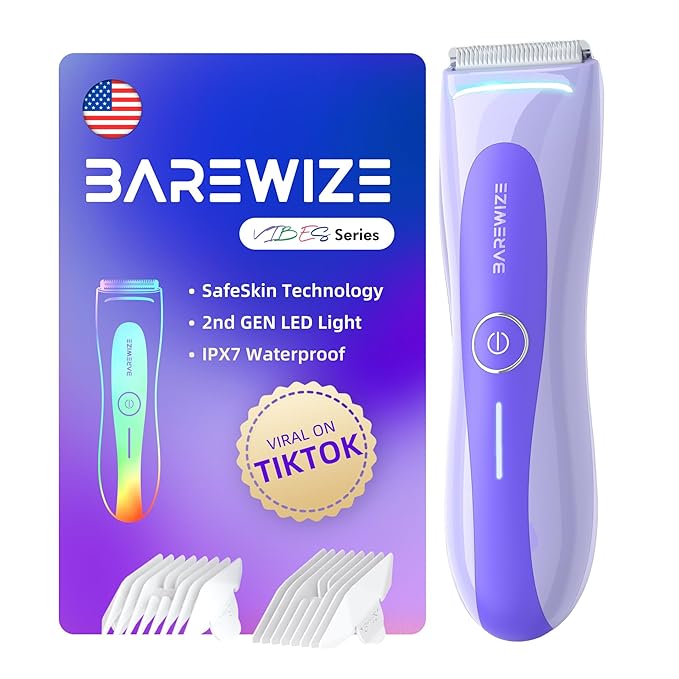 BAREWIZE Bikini Trimmer for Women, Electric Shaver for Women | LED Light, IPX7 Waterproof, USB-C Rechargeable, Ceramic Blade | Electric Razors for Women, Pubic Hair Trimmer Women (Violet Haze)