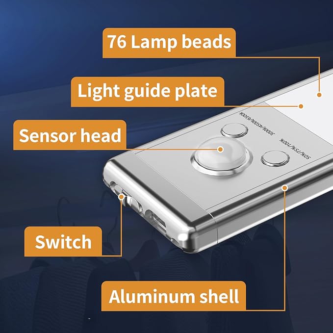 Under Cabinet Lights,76 LED Operated Motion Sensor Light Indoor,1500mAh USB Rechargeable Closet Lights, 6 Pack Magnetic Dimmable Closet Lights，Wireless Under Counter Lights for Kitchen, Stairs.