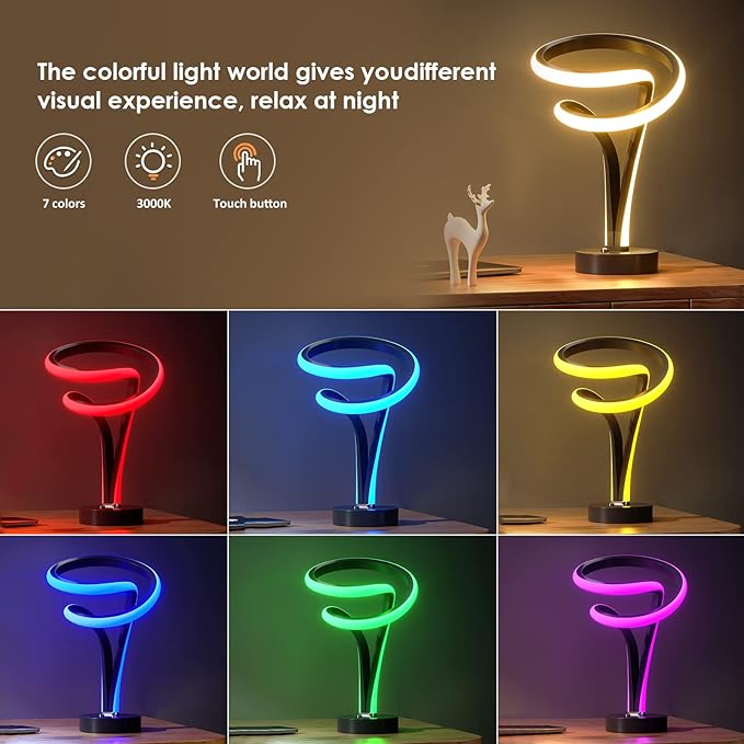 airnasa Modern Spiral RGB Table Lamp, Unique, 7 Colors 10 Light Modes LED, Touch Dimmable Cool Nightstand Lamps for Living Room Bedroom Office, Ideal Gift (Black)