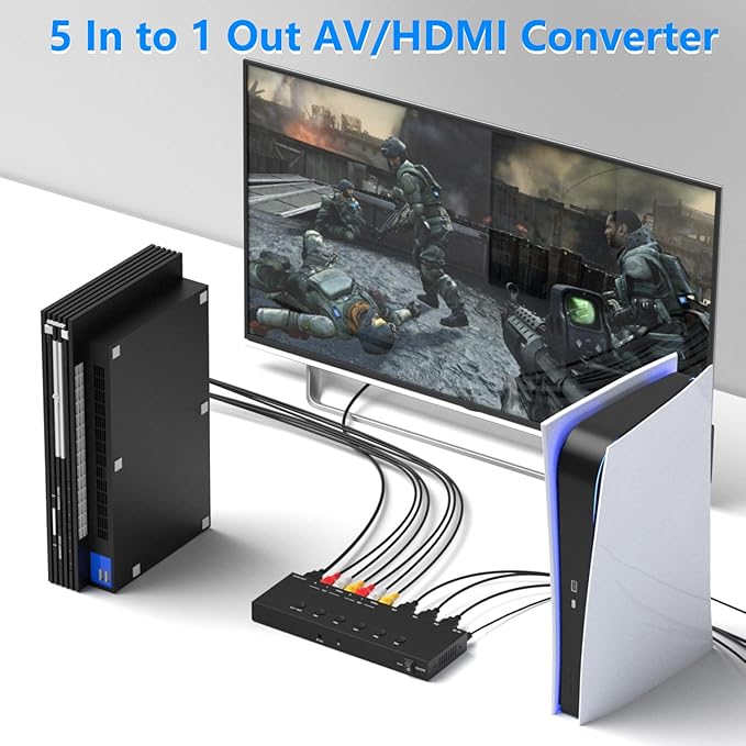 5 in to 1 Out RCA/HDMI Switcher，3 Way HDMI 2.0 + 2 RCA to HDMI Converter, Support 4:3/16:9 4K and 3D for PS1/2/3/4/5, N64, SNES, Switch, DVD, Roku, etc.