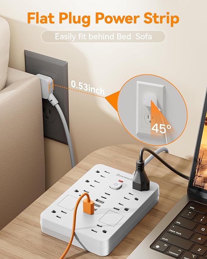 Bawmwim Surge Protector Power Strip - 8 Outlets(1850W/15A) with 6 USB Ports（2 USB C, 10FT Flat Plug Extension Cord, Wall Mount Multi Plug Outlet Extender, ETL Listed for Home, Dorm Room, White