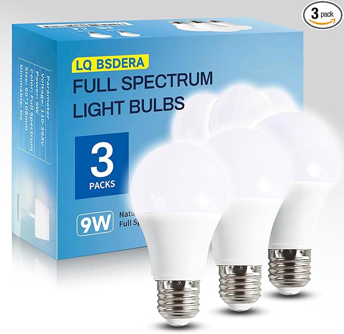 LQ BSDERA 3PK Full Spectrum Light Bulbs, 9W, 6000K Natural Light That Mimic Sunlight, Boosts Mood, Energy, Focus, A19, Sunlike Happy Light Bulbs with E26/27 Base for Most Lamps