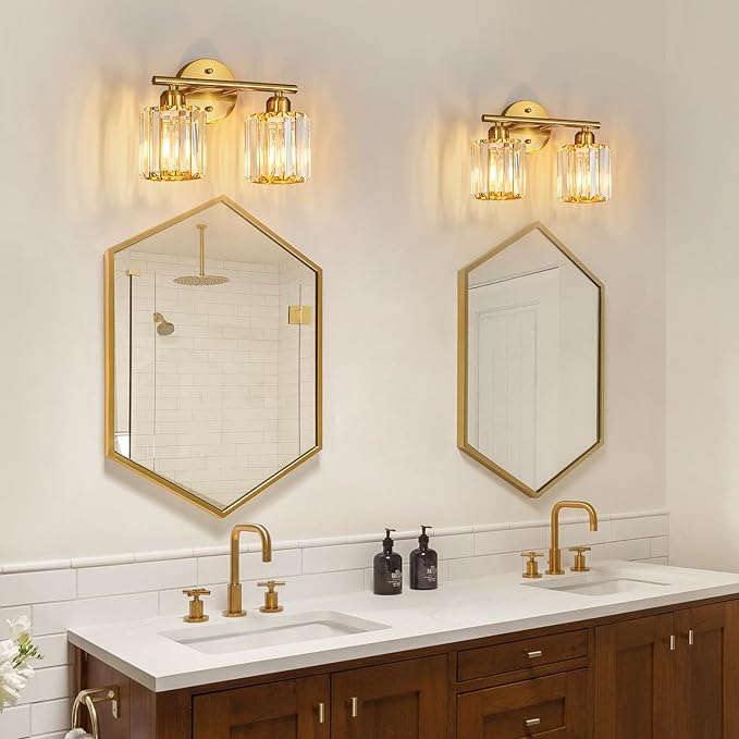 FDPBY Modern 2 Light Crystal Vanity Light, Brushed Gold Vertical Bathroom Light Fixture Over Mirror for Dressing Table Sink, Compatible with Dimmable Bulbs (Bulbs Not Included)