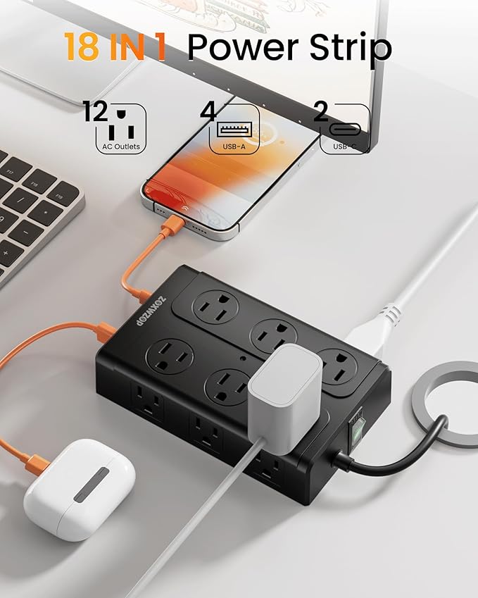 Zoxwzop Surge Protector Power Strip - 12 Outlets(1850W/15A) 6 USB Ports（2 USB C, 6FT Flat Plug Extension Cord, Wall Mount Multi Plug Outlet Extender, ETL Listed for Home, Dorm Room