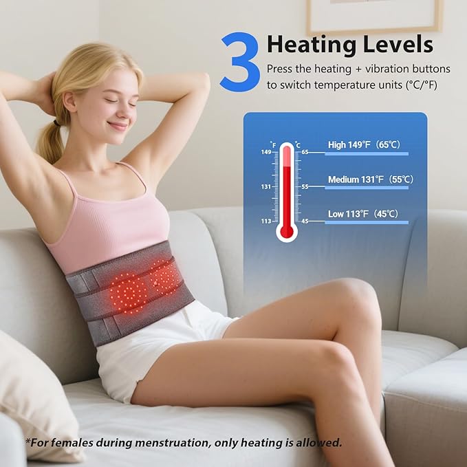 Lower Back Massager with Heat, Heating Pad for Back, Stomach Heating Pad, Waist Belt Wrap with Heat Vibration 3 Levels Adjustable, Touchscreen Control, Adjustable Size, Gifts for Dad Mom (Grey)