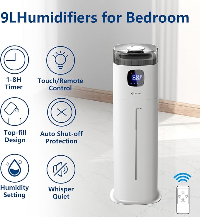 Akeshan Large Humidifier for Bedroom, 9L/2.5Gal Ultrasonic Cool Mist, Easy Clean with 350ML/H Large Mist Speed, Remote control, Quiet Tower, Suitable for Kids Room Plant Yoga