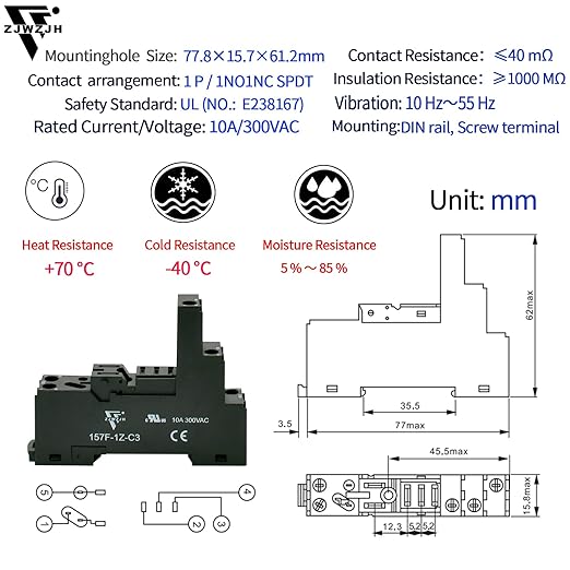 ZJWZJH 12 Amp Power Relay Switch 12V DC Relay Coil, 5 Pin SPDT 1NO 1NC with Test Button, LED Module Light, Socket Base, DIN Rail, UL Certification (5 Pin- 12A, DC 12V)