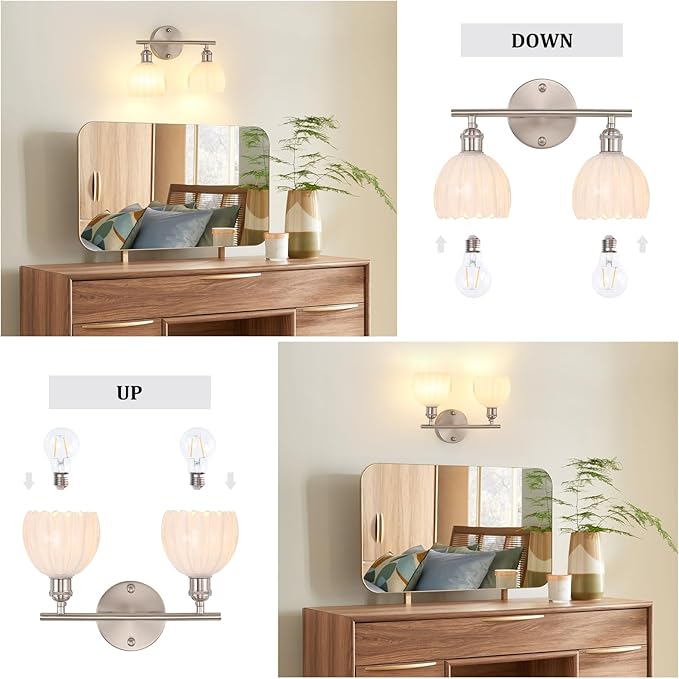 Shenmoyl Bathroom Light Fixtures, 2-Light Vanity Wall Light Over Mirror with White Tulip Glass Shade for Bedroom Living Room (Bulb Not Included), Satin Nickel
