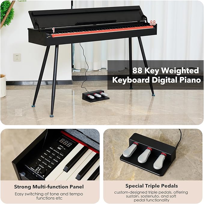 KUMENG Digital Piano 88 Key Weighted Keyboard,Full-Size Desk Progressive Hammer-Action Electric Piano For Beginners, With Sheet Music Stand, Pedal,Power Adapter, Headphone Mode, Usb-Midi