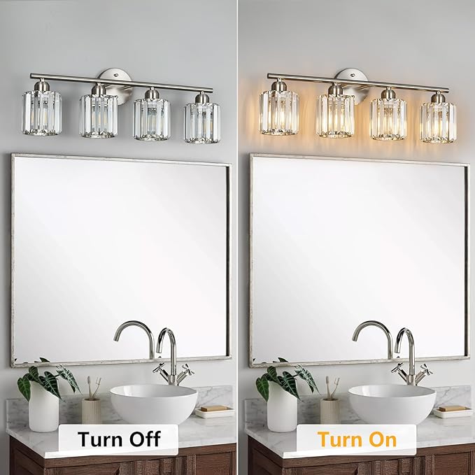 FDPBY Modern 4 Light Crystal Vanity Light, Brushed Nickel Vertical Bathroom Light Fixture Over Mirror for Dressing Table Sink, Compatible with Dimmable Bulbs (Bulbs Not Included)