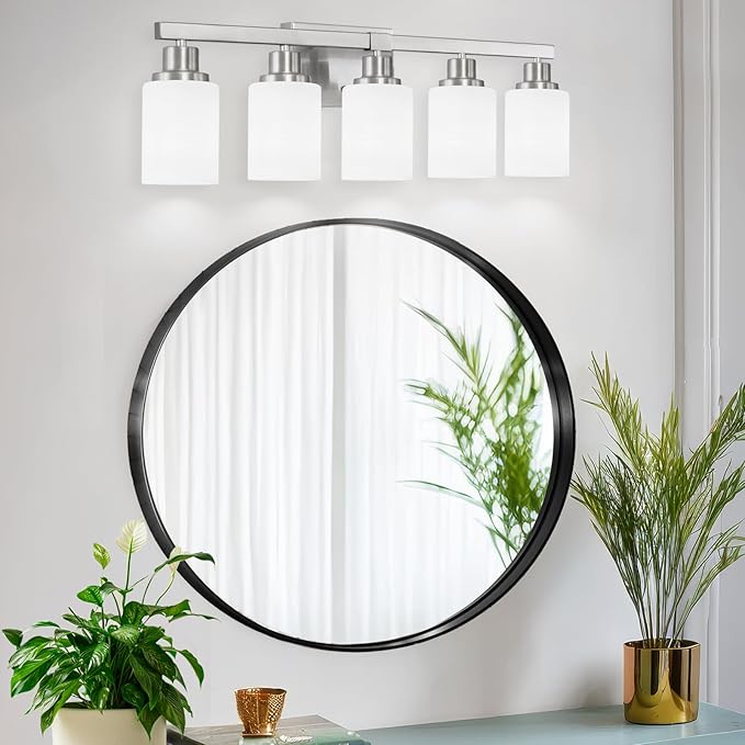 DIKAIDA 5-Light Bathroom Light Fixtures, 30" Nickel Bathroom Vanity Light with Milky White Glass Shade, Modern Bathroom Wall Lights Over Mirror, Farmhouse Wall Sconces Lighting for Bedroom Living Room