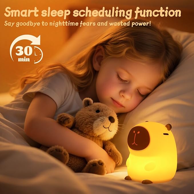 Rytinazzz Capybara Night Light, 50-Hour Battery & Pat Control, Squishy Animal Lamp for Kids Room, USB Rechargeable with Timer, Valentines Gifts