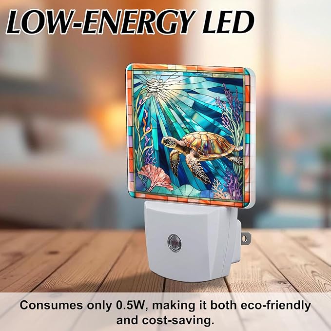 PODMemory Sea Turtle Stained Glass Night Lights Plug into Wall for Room, Sea Turtle Night Light LED for Bedroom