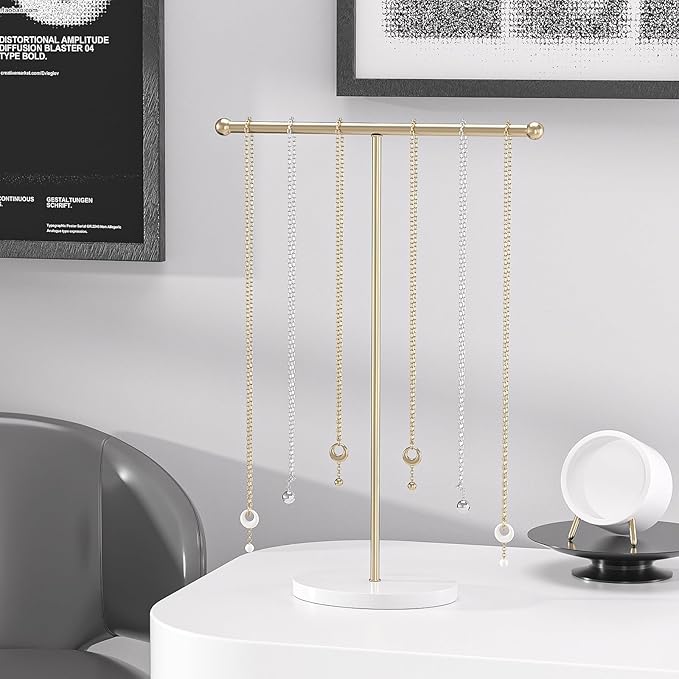 Justsoso Metal T-Bar Necklace Holder Stand, Necklace Hanging Display Stand, Tabletop Jewelry Organizer Stand for Necklace Bracelet Earring Display (Gold With Solid Acrylic Base)