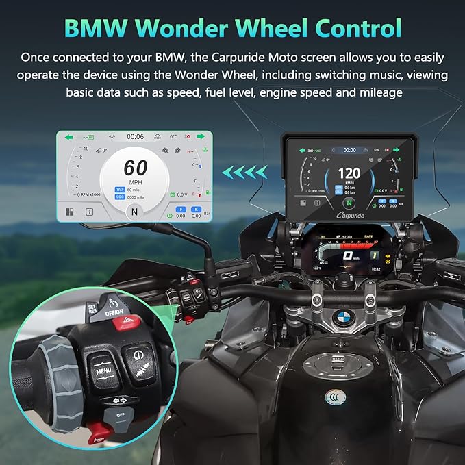 CARPURIDE W502BS PRO for BMW Motorcycle CarPlay & Android Auto Dual Bluetooth, 5" Waterproof GPS Navigation Screen, Data Reading, Native Wonder, TPMS, Light Sensor, Music Sharing, Intercom