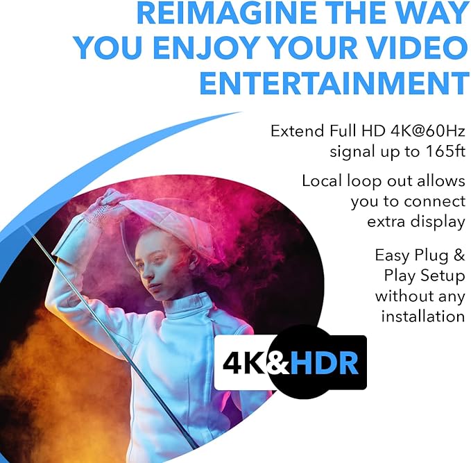 OREI HDMI Extender UltraHD Over Single Cat6/Cat7 Cable 4K @ 60Hz with HDR & IR Control - Up to 165 ft EDID Management