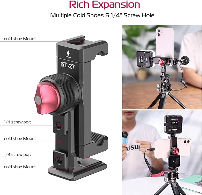Metal Phone Tripod Mount 3 Cold Shoes & Arca Port, 360° Smartphone Tripod Adapter for iPhone 17 16 15 Cell Phone Stand Holder for Desktop Video Live Streaming Vlogging Rig