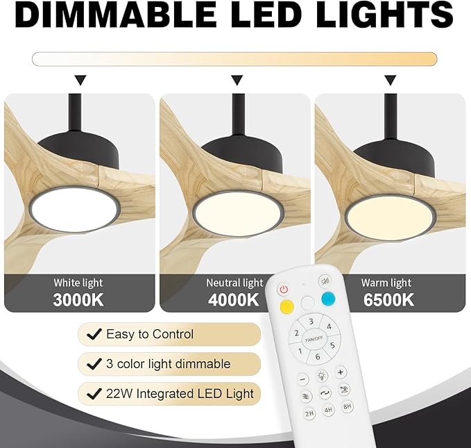 Revoici 52 inch Ceiling Fans with Lights and Remote, 3 Natural Wood Blades, Modern Indoor/Outdoor Ceiling Fan for Living Room Bedroom Farmhouse Patio, 6 Speeds, Dimmable, Noiseless Reversible DC Motor