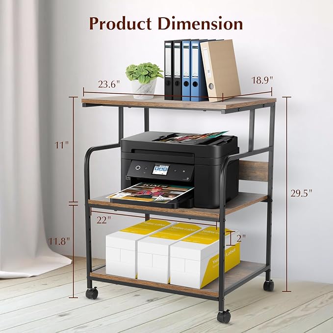 GCCSJ Large Printer Stand，3 Tier Printer Cart with Adjustable Storage Shelf，23.6 x18.9 x 29.5 inches Printer Stand for Home Office, Stands for Heat Press Scanner Fax, Industrial Style, Brown