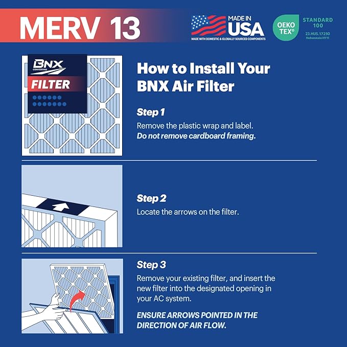 BNX TruFilter 14x18x1 Air Filter MERV 13 (12-Pack) - MADE IN USA - Electrostatic Pleated Air Conditioner HVAC AC Furnace Filters for Allergies, Pollen, Mold, Bacteria, Smoke, Allergen, MPR 1900 FPR 10