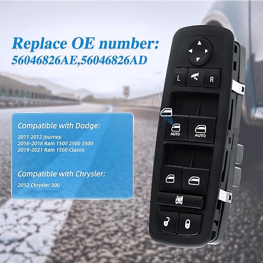 WUANGKI Power Control Window Switch | Front Driver Side | 8+3 Pins | Compatible with 2012 Chrysler 300 Dodge 2011-2012 Journey 2016-2018 Ram 1500 2500 3500 19-21 Ram 1500, 19-21 Classic OE# 56046826AE