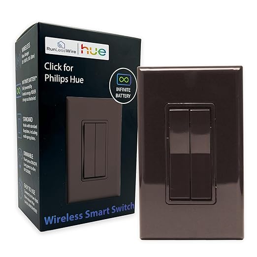 RunLessWire Click for Philips Hue – Battery-Free Wireless Smart Light Switch, 30ft Range – Works Natively with Philips Hue Bridge – Wall Mount Kinetic Switch - Decora Style, Brown