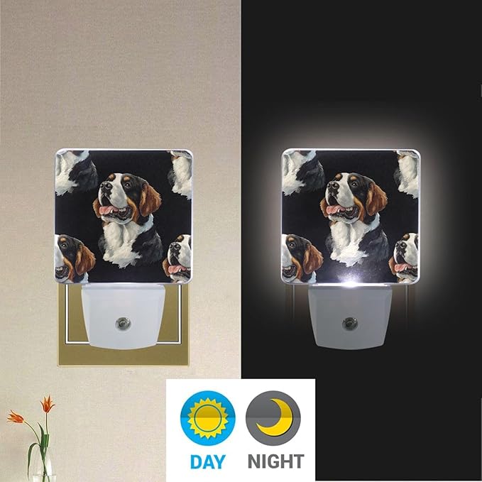 Pigsaly Led Night Light Watercolor Cute St Bernard Dogs Head Night Light Plug in Wall Lamp Smart Dusk to Dawn Sensor Nightlight Led Lamp Energy Saving Lights Gift for Kids Room Bedroom Bathroom Hallw