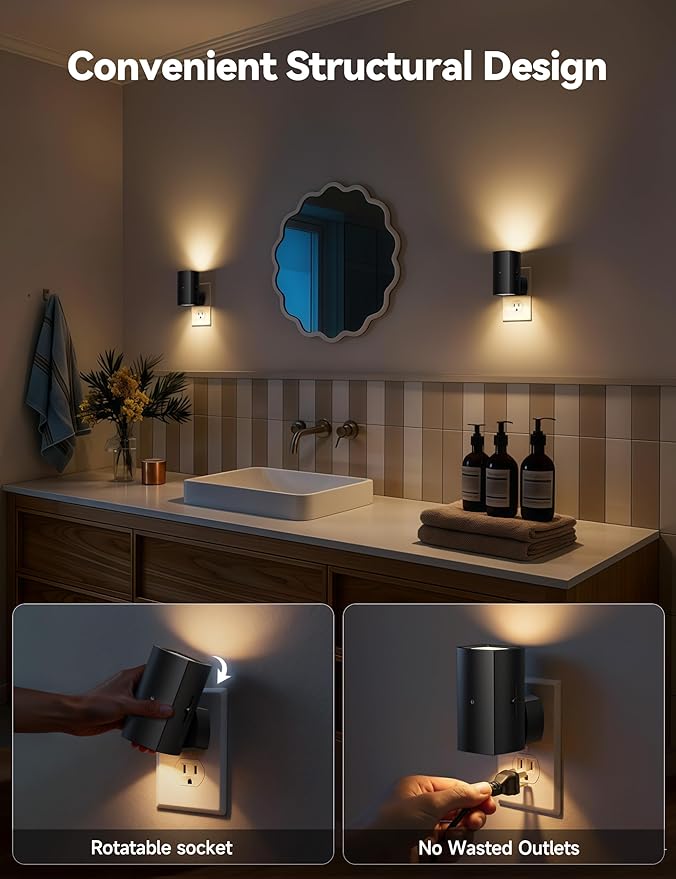 Brightown 2 Pack Night Lights Plug Into Wall, Modern Night Light with Rotating Plug, Dusk to Dawn Sensor, 0-100LM Stepless Dimming Nightlights, Home Decor for Hallway Bedroom Bathroom, Soft White