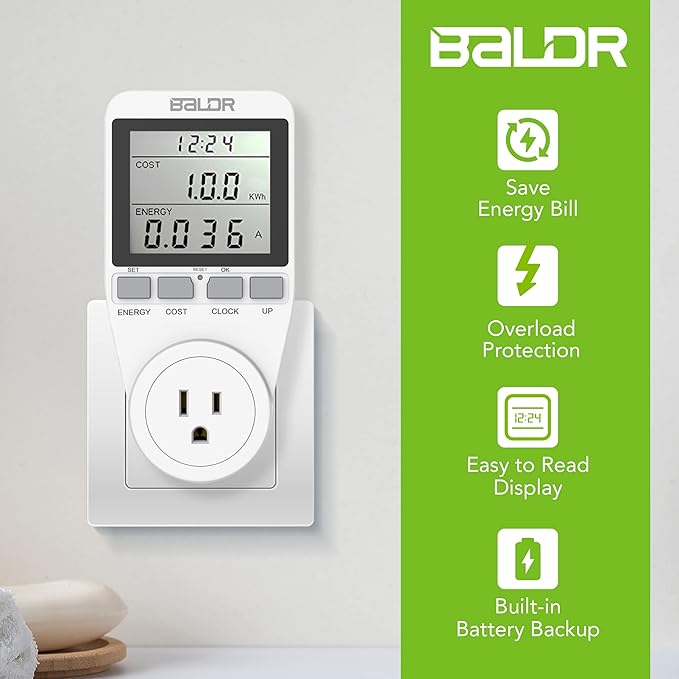 BALDR U.S. Electricity Usage Monitor for Home - Appliances Kilowatt Meter Sockets - Wattage Meter Plug In to Measure Energy Usage - Home Energy Monitor with Easy to Read Display - Single Tariff