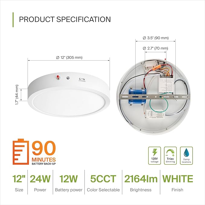 ASD LED 12" Round Flush Mount Ceiling Light Fixture, Low Profile Surface Lighting | 5CCT, Dimmable, Battery Backup, ETL Listed | 24W 2100LM 2700-6000K 120V | Kitchen, Hallway Lamp | White