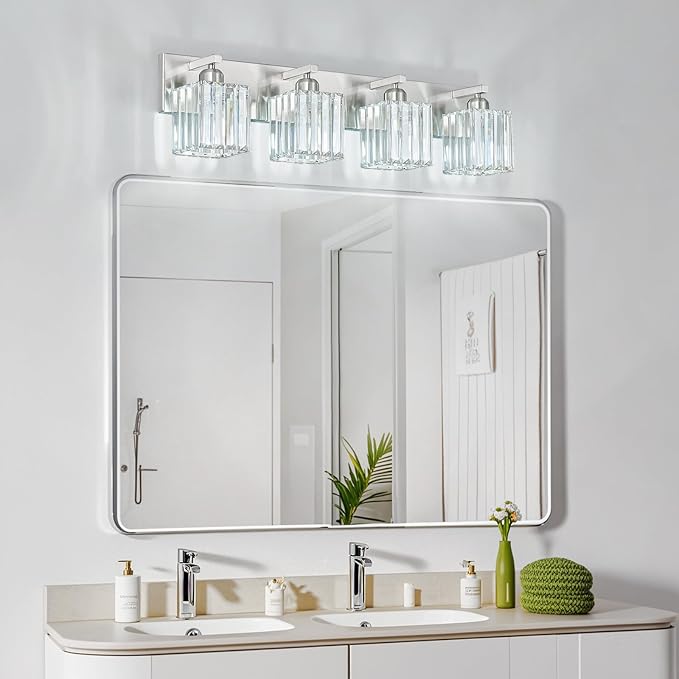 FDPBY Modern Vanity Light 4-Lights Brushed Nickel Vanity Light Crystal Bathroom Wall Light Bathroom Light Fixtures