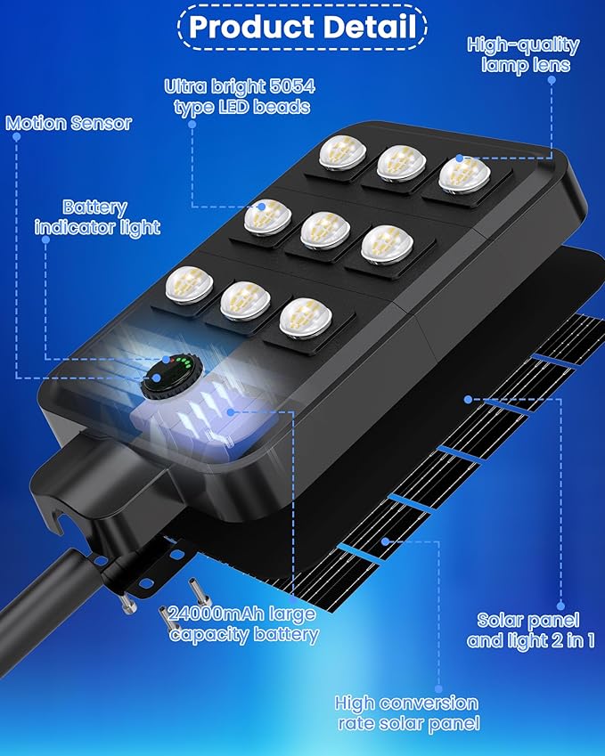 Gefolly G-9000W Solar Street Light Outdoor, Wide Angle Commercial Parking Lot Light Dusk to Dawn 6500K IP67 Flood Security with Motion Sensor Lamp for Yard, Basketball Court