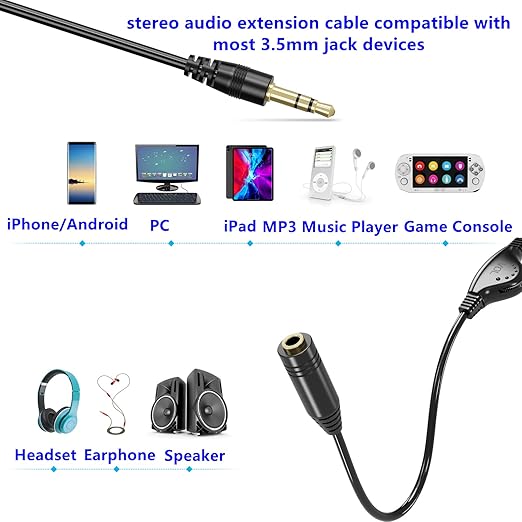 PChero 3.5mm Male to Female Stereo Audio Extension Adapter Cable with Volume Adjustment Control - 10inch