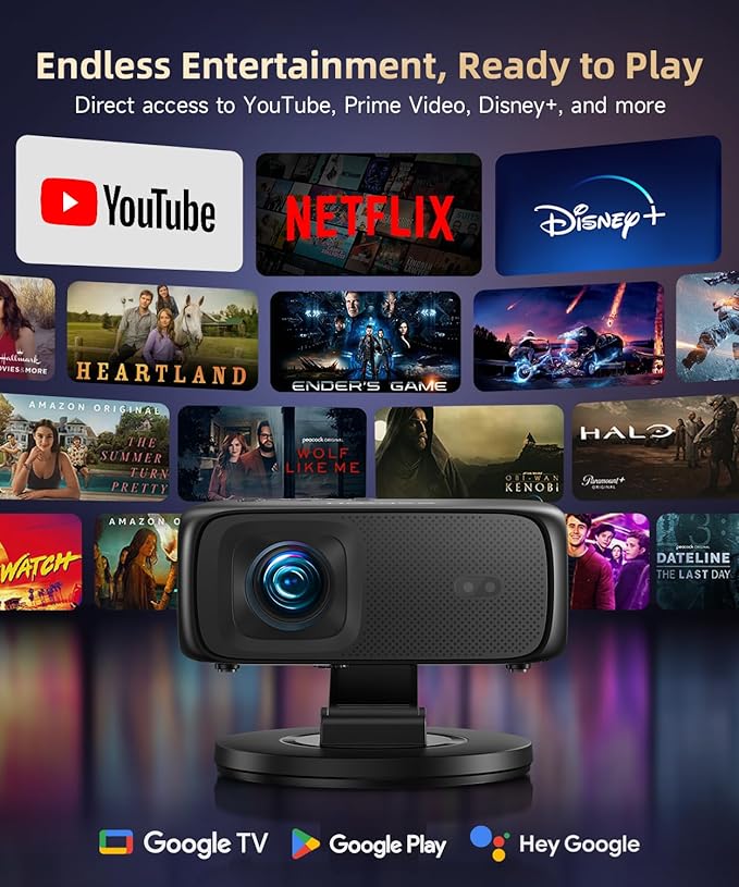[1500ANSI/ Google TV] Smart Projector with WiFi and Bluetooth, SOPYOU Portable Outdoor Projector 4K Support, Auto Focus & Keystone, Built-in Apps, Indoor Home Theater with 360° Rotatable Stand