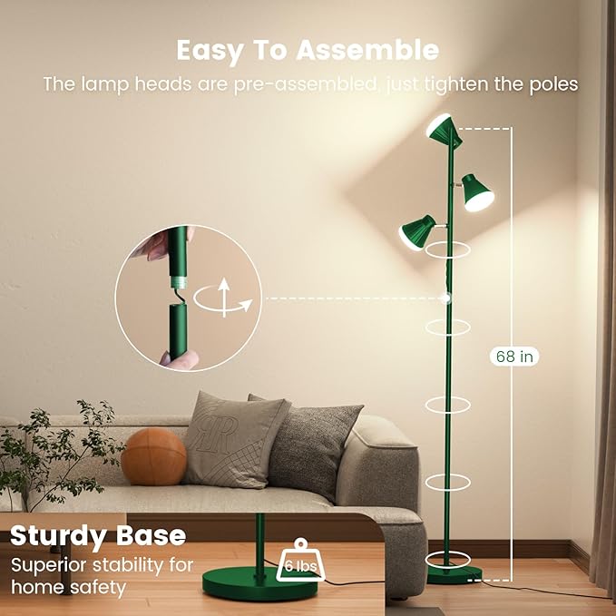 SIBRILLE 36W LED Tree Floor Lamp, Dimmable Tall Standing Lamp with Remote & Touch Control, 4 Color Temperatures Bright Floor Lamp, 3 Rotatable Light Modern Floor Lamps for Living Room Bedroom Office