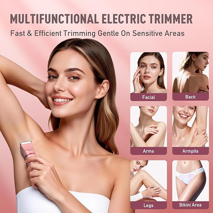 Crolanli Bikini Trimmer for Women, 3-in-1 Electric Razor for Women, IPX7 Waterproof Rechargeable Cordless Pubic Hair Shaver, with LED Display, for Ladies Bikini Pubic, Face, Underarms, Legs(Rose Gold)