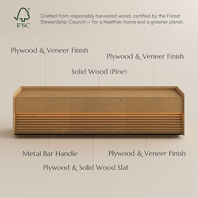 POVISON 95" Fully Assembled Mid Century Modern TV Stand with LED Lights, Extra Long Media Console with 6 Drawers, Luxury Wood Slatted Entertainment Center for 85 90 100 Inch TV