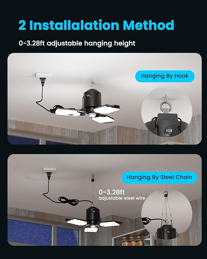 Kryoza Garage Motion Sensor Lights Plug-in 2Pack, 8000LM Super Bright Motion Activated LED Shop Light, 360° Detection & Retractable Steel Wire, Indoor Motion Light Bulb for Attic/Barn