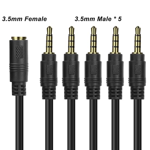 MEIRIYFA 3.5mm Headset Splitter Cable 1/8" 4-Pole/3-Rings TRRS 1 Female to 5 Male Stereo Jack Audio AUX Headphone Splitter Cable 1 Input 5 Output Headphone Headset Extender Cord-50CM