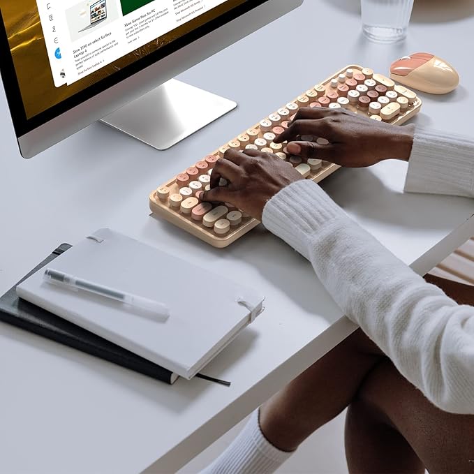 MOFII Wireless Keyboard and Mouse Combo,2.4GHz Retro Full-Size Keyboard with Number Pad and Cute Wireless Mouse for Computer PC Desktops Laptop WindowsxP/7/8/10(Milk Tea Colorful-B)