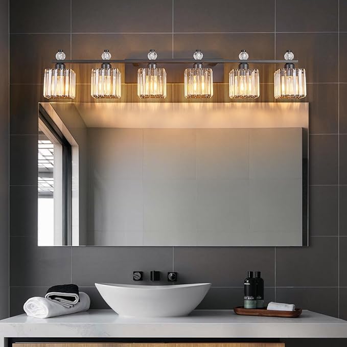 FDPBY Vanity Lights 6-Light Modern Crystal Vanity Light Sand Black Bathroom Light Fixtures Over Mirror Crystal Bathroom Vanity Lighting Fixtures