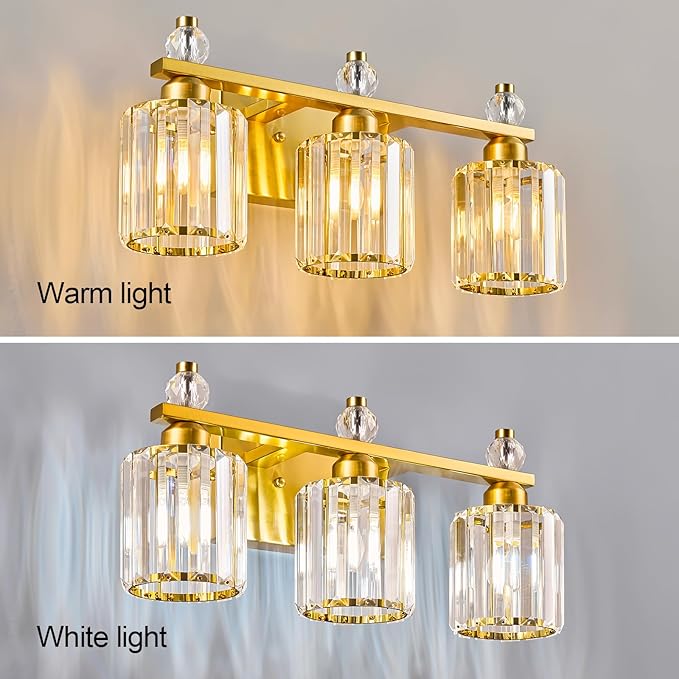 FDPBY Bathroom Vanity Lights 3-Light Gold Modern Crystal Vanity Light Fixtures Over Mirror Crystal Bathroom Vanity Lighting Fixtures
