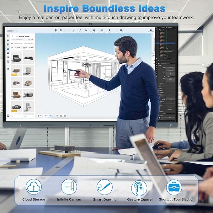 LINGHUFOX Smart Board, 86” Digital whiteboard with Windows 11 Pro 13th i7 16+256G & Android 13, Built-in AI Camera and 8 Mics-4K Touchscreen Interactive Whiteboard for Classroom Office Home
