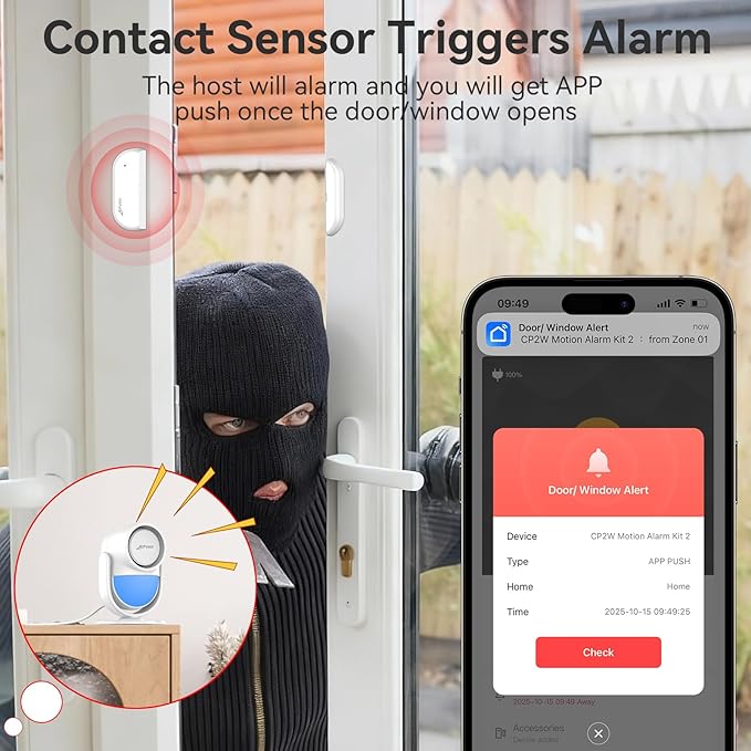 CPVAN WiFi Motion Sensor Alarm, 125dB Wireless DIY Smart PIR Motion Detector with 4 Door/Window Sensors for Home Security System - On Spot Alarm & APP Alert, White