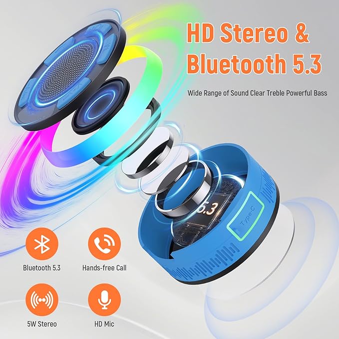 Shower Bluetooth Speaker IPX7 Waterproof, Portable Bluetooth Speakers with Suction Cup and Time Display, Crystal Sound&Bass LED Light 1100mAh, Wireless Shower Speaker for Outdoor/Kayak Dark Blue