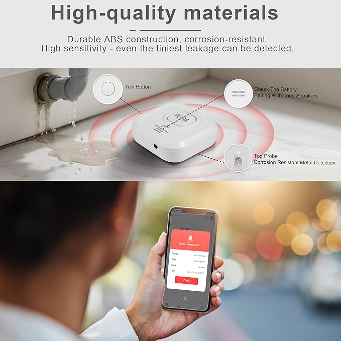 100dB Smart Water Sensor Alarm Water Leak Detector, with App Remote Monitor and Detection Lines, Wireless Tank Level Monitor for Basement,Kitchen,Bathroom (1pack)