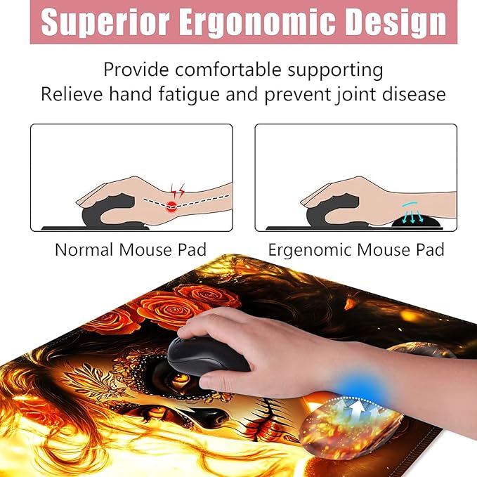 BFUKVOU Large Keyboard Mouse Pad Set, Extended Mouse Pad+Keyboard Wrist Rest Support, Memory Foam Ergonomic Easy Typing, 4Pcs (31.5×11.8 in) Desk Pad Set for Office Home,Skull Woman with Rose
