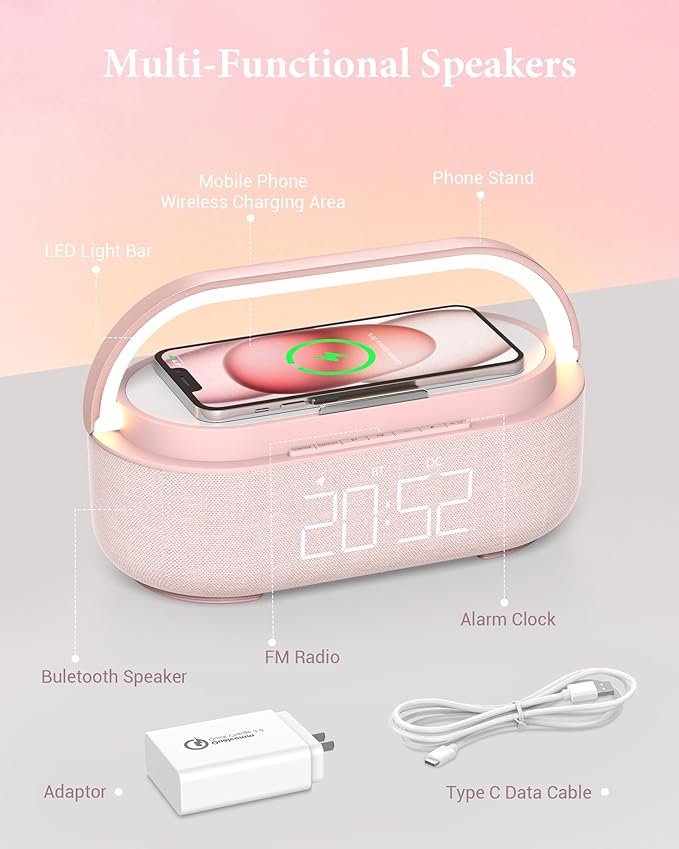 COLSUR Bluetooth Speaker Alarm Clock with Wireless Charger, FM Radio, Adjustable LED Night Light, 6 in 1 Bedroom Portable Speaker 2500mAh, Phone Stand for Bedside, Home, Office, Gift (Pink)