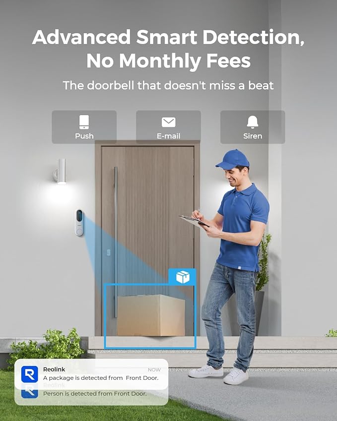 REOLINK Video Doorbell Camera, Battery Version, 2K 150°x150° Head-to-Toe View, 2.4/5 GHz Dual-Band WiFi, Person/Vehicle/Package Detection, Two-Way Talk, No Monthly Fees (Chime not Included)
